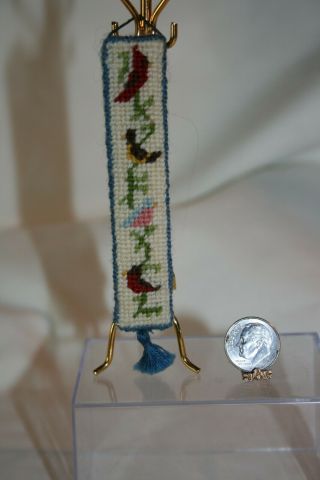Miniature Dollhouse Handworked Needlepoint Bell Pull Or Narrow Tapestry W Birds