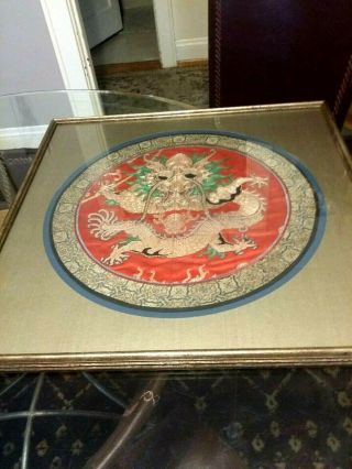 Vintage/antique Large Framed Under Glass Silk Embroidered Chinese Dragon