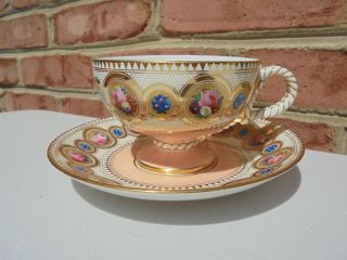Antique Brown Westhead & Moore Rope Handle Cup & Saucer Hp Floral Much Gold Trim