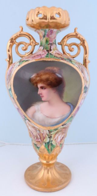 Antique 19thc Large Royal Vienna Hand Painted Signed Portrait Vase Austrian Rose