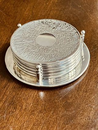 Vintage Mcm Set Of 6 Etched Silver Plated Drink Coasters W/base Holder
