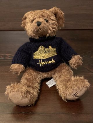 Vintage Harrods Plush Teddy Bear With Blue Harrods Sweater London Uk