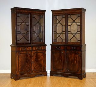 Georgian Style Flamed Mahogany Display Cabinets With Glass Shelfs