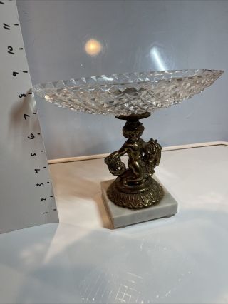 Crystal And Brass Cherub On Fish W/ Marble Base Made In Italy Candy Dish
