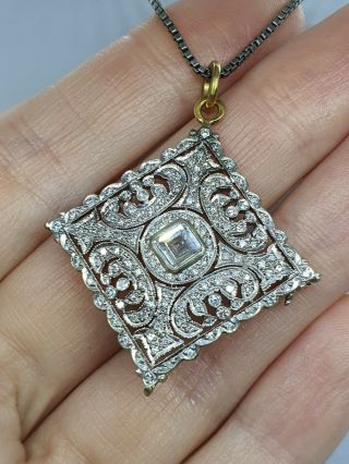 Edwardian Old European Cut Asscher Diamond 0.  9ctw Gold 18k Pendant & Brooch