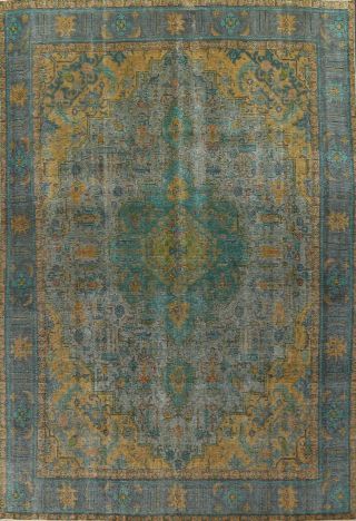 Antique Geometric Overdyed Traditional Area Rug Hand - Knotted Wool 10x13 Carpet