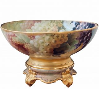 Antique T&v Limoges Punch Bowl W/ Stand Hand Painted Fruits Ca 1900 16”w 10”h