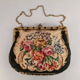Vintage Petit Point Needlepoint Floral Evening Bag Handbag Ornate Frame Cabochon