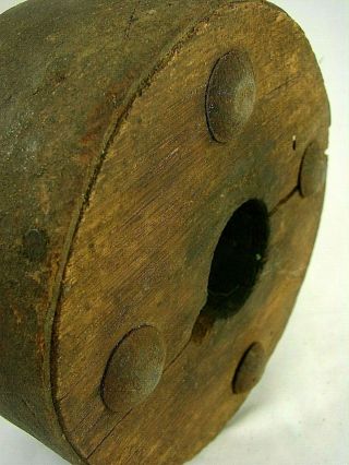 Antique Leather Belted Wood Wheel For Cottered Shaft Farm Or Mill Pulley - Great