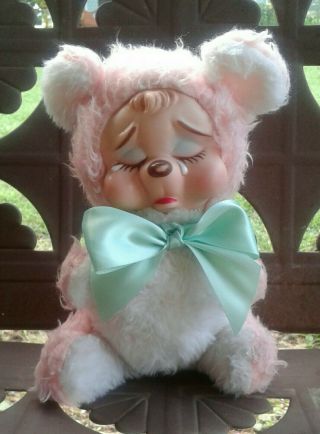 Vtg Rushton Bear Rubber Face Pink Bear Sad Crying 9 " Plush