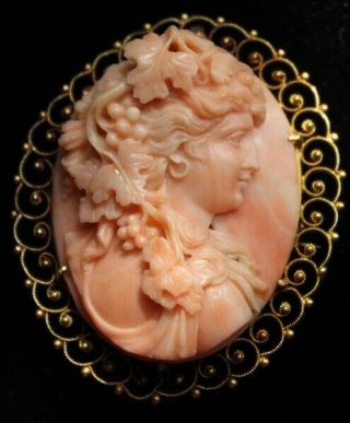 Exceptional Rare Antique Coral Cameo In 14k Gold Mount Features Ariadne