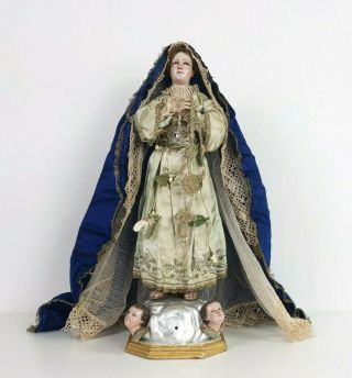 Bleeding Virgin Mary Cage Doll Antique Spanish Wood Madonna Santos 19th Century