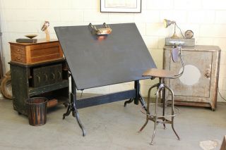 Vintage Antique Industrial Drafting Drawing Table Desk Cast Iron Wood 1910s