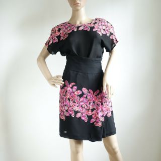 Vintage 2 Piece Silk Skort Dress Black W/ Pink Flowers ? Designer Size 2