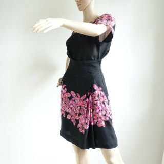 Vintage 2 Piece Silk Skort Dress Black w/ Pink Flowers ? Designer Size 2 2