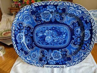 Antique Huge Stubbs Fruit Flower Dark Blue Staffordshire Transfer Platter