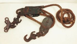 Vtg Antique Cast Iron Metal Rope Hay Drop Pulley Barn Farm Tool W/ Rope & Hanger