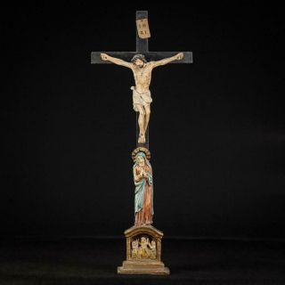 Altar Crucifix | Standing Wooden Cross | Hell Base Jesus Christ 1700 Antique 20 "