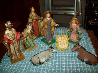 Vintage 8 Piece Hand Painted Paper Mache’ Nativity Made In Italy
