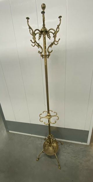 Vintage Ornate Brass Coat Hat Rack Hall Tree Stand W/ Umbrella Cane Rack Holder