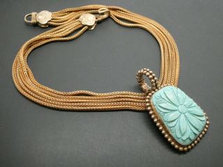 Stephen Dweck Carved Turquoise Flower Antique Gold Woven Necklace & Pendant