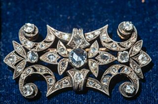 Antique Rose Cut Diamond Brooch In Silver And 18k Gold.