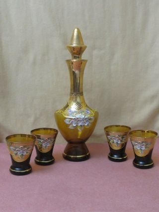 Antique Vintage Hand Painted Gold/amber Decanter Cordial Liquor Set 5 Piece