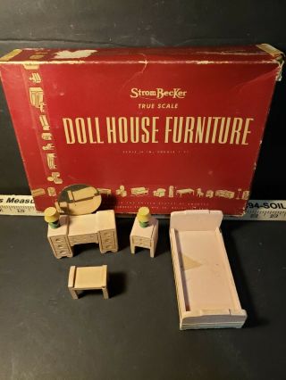 Vintage Wooden Strombecker Bedroom Dollhouse Furniture Set W/ Box 873