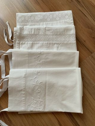 4 Vintage White Cotton Pillow Cases Floral Embroidery Crochet Trim.
