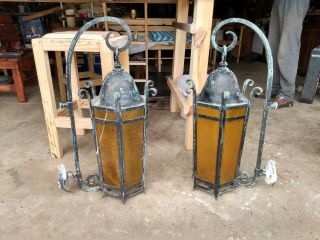 32 Inch Antique Gothic Wrought Iron And Amber Glass Entryway Sconce