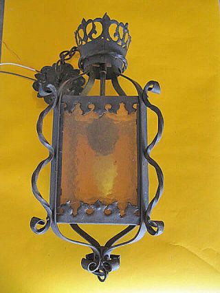 Vintage Spanish Revival Iron Hanging Pendant Light With Amber Glass Panels Wired