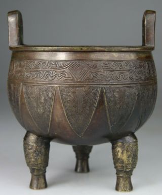 ANTIQUE CHINESE BRONZE CENSER TRIPOD INCENSE BURNER ARCHAIC - Qing 18TH 3