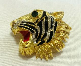 Hattie Carnegie Tiger Head Brooch Pin Crystal Enamel Goldtone Vintage Antique