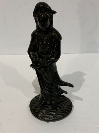 Antique Qing Chinese Bronze Guanyin Inlaid Coral & Turquoise 10” Patina