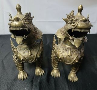 15 " Lg Bronze Chinese Foo Dog Guardian Lion Dragon Statue Pair Male And Female