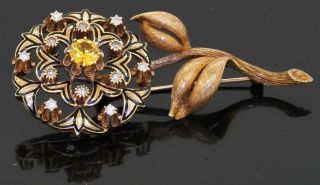 Antique Heavy 18k Yg 2.  04ct Vs Diamond & Yellow Sapphire Enamel Flower Brooch