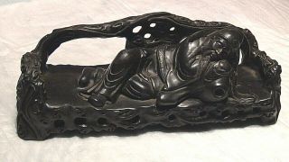 Antique 19c Chinese Zitan Wood Carved Black Reclining Shao Lao Statue On Bench
