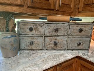 Antique Primitive Wood Apothecary Spice Cabinet Box Chest Shabby Paint Hardware