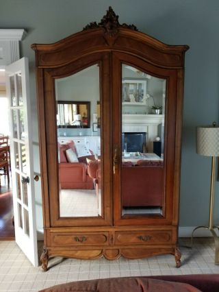 Antique Walnut French Armoire With Beveled Mirrored Doors,  2 Drawers And Shelves