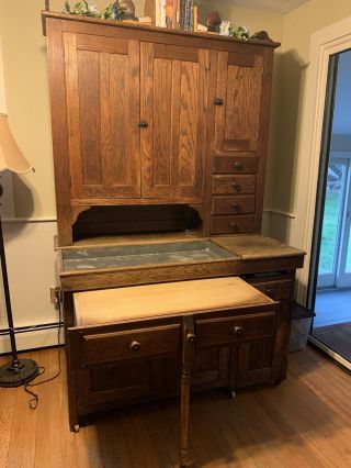 Antique Solid Oak Drysink And Cupboard With Pastry Board (aka: 5th Leg Dry Sink)