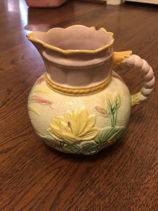 Antique Majolica Large Pitcher Samuel Lear Yellow Water Lily C.  1870 