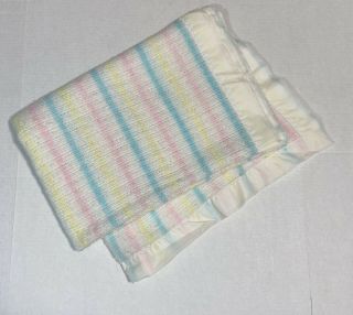 Vtg Quiltex Baby Blanket Pastel Stripes Satin Binding Waffle Weave Ilgwu