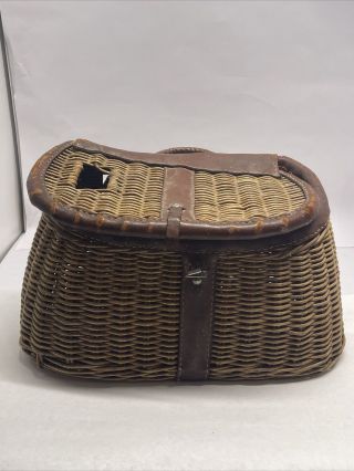 Vintage Wicker Fishing Creel Basket With Leather,  W/ Strap,  Look