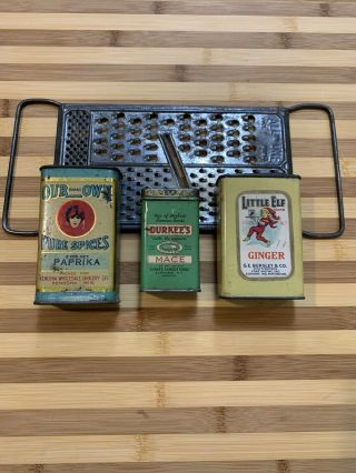 3 Antique Spice Tins.  Our Own Brand Paprika,  Durkee’s Mace,  & Little Elf Ginger.