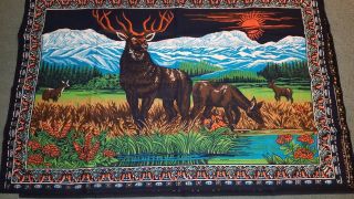 2 - Vtg Tapestry Wall Hanging Rug Elk Buck Stag Deer Lodge Cabin Décor 59x37 "