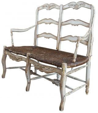 Vintage French Country Chic 2 Seater Ladderback Settee Rush Seat & Cushion 2