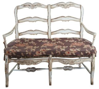 Vintage French Country Chic 2 Seater Ladderback Settee Rush Seat & Cushion 3