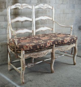 Vintage French Country Chic 2 Seater Ladderback Settee Rush Seat & Cushion 4