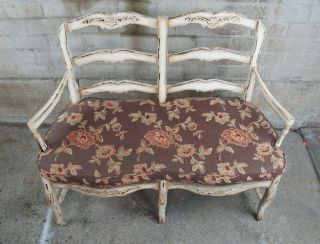 Vintage French Country Chic 2 Seater Ladderback Settee Rush Seat & Cushion 6