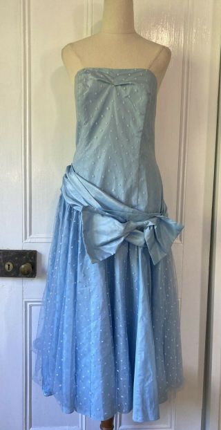 Vintage Retro 80s Mr K Size 12 Strapless Pale Blue Taffeta Prom Dress Ball Gown